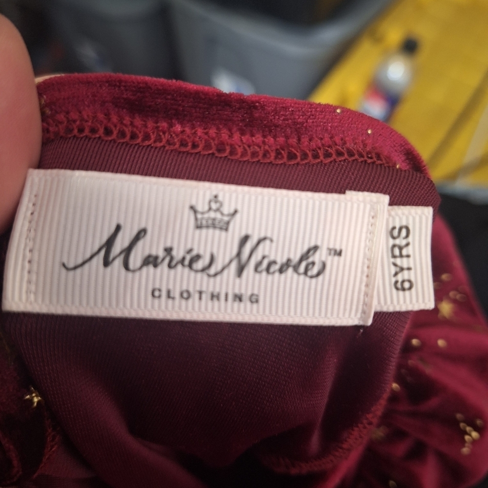 Marie Nicole Burgundy Velvet Dress with Gold Accents - Picture 5 of 5